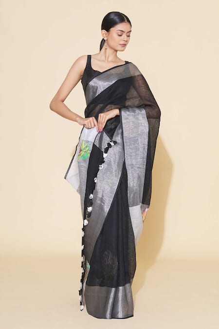 Paksh_Black Linen Embroidered Saree  _Online_at_Aza_Fashions