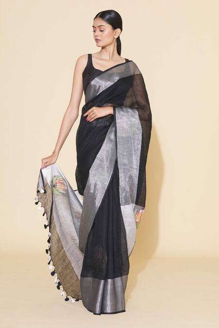 Buy_Paksh_Black Linen Embroidered Saree  _Online_at_Aza_Fashions