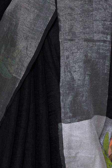 Shop_Paksh_Black Linen Embroidered Saree  _Online_at_Aza_Fashions