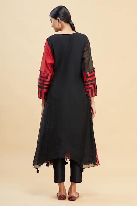 Shop_Paksh_Black Chanderi Asymmetric Kurta  _at_Aza_Fashions