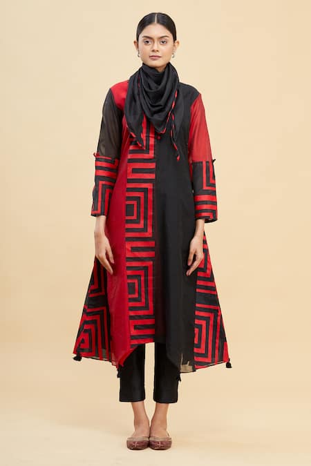 Paksh_Black Chanderi Asymmetric Kurta  _Online_at_Aza_Fashions
