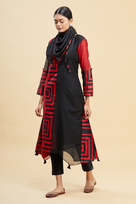 Buy_Paksh_Black Chanderi Asymmetric Kurta  _Online_at_Aza_Fashions