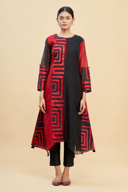 Shop_Paksh_Black Chanderi Asymmetric Kurta  _Online_at_Aza_Fashions