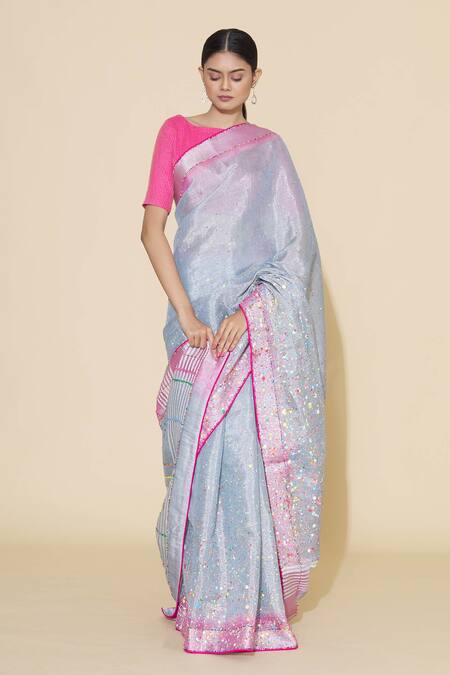 Buy_Paksh_Blue Chanderi Embroidered Saree  _Online_at_Aza_Fashions