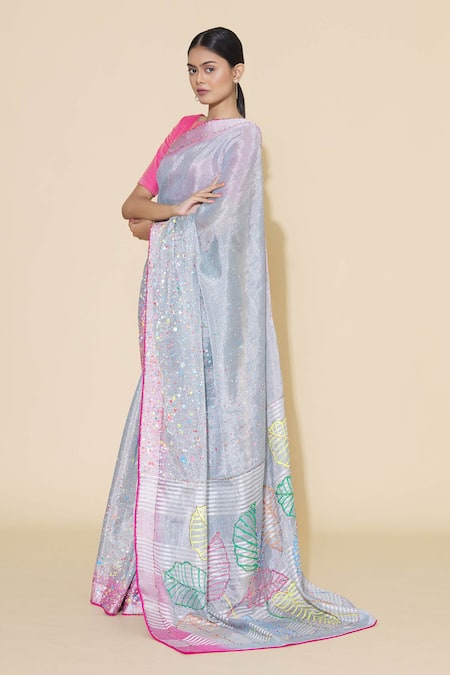 Shop_Paksh_Blue Chanderi Embroidered Saree  _Online_at_Aza_Fashions