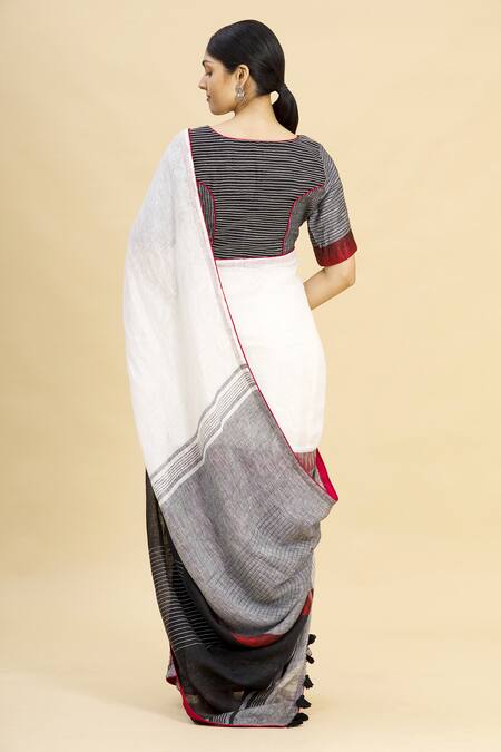 Shop_Paksh_White Linen Color Block Saree  _at_Aza_Fashions