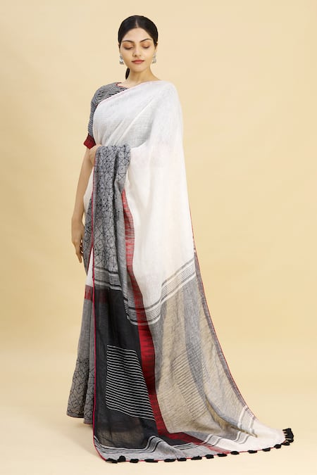 Paksh_White Linen Color Block Saree  _Online_at_Aza_Fashions