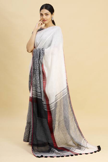 Buy_Paksh_White Linen Color Block Saree  _Online_at_Aza_Fashions