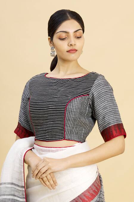 Shop_Paksh_White Linen Color Block Saree  _Online_at_Aza_Fashions