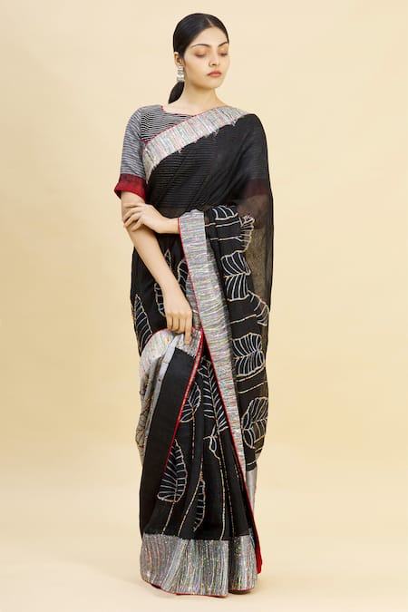 Paksh_Black Linen Printed Saree With Blouse Piece  _Online_at_Aza_Fashions