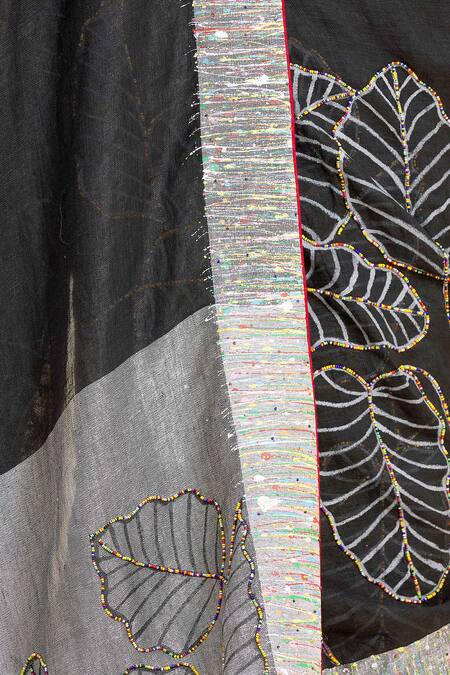 Shop_Paksh_Black Linen Printed Saree With Blouse Piece  _Online_at_Aza_Fashions