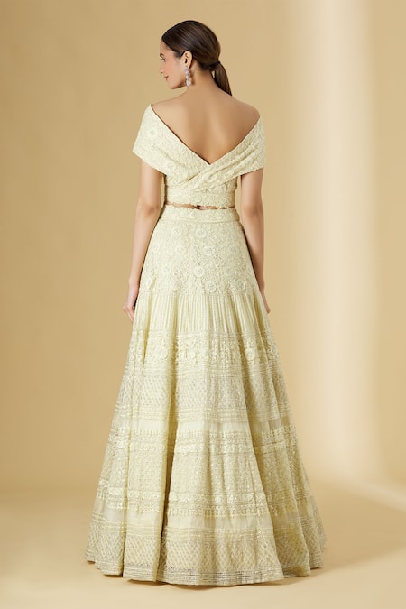 Ariyana by Aza_Yellow Butterfly Net V Neck Embroidered Lehenga Set _Online_at_Aza_Fashions