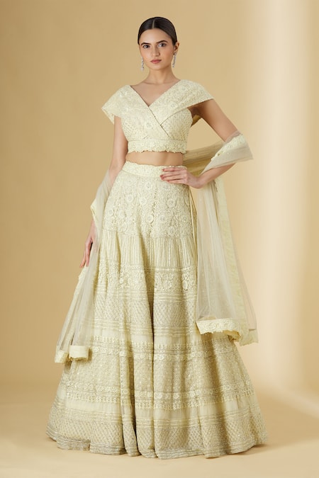 Shop_Ariyana by Aza_Yellow Butterfly Net V Neck Embroidered Lehenga Set _Online_at_Aza_Fashions