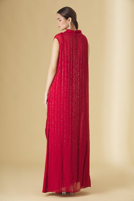 Aariyana Couture_Red Silk Satin, Organza, Modal, Viscose Beads V-neck, Jacket And Draped Skirt Set _Online_at_Aza_Fashions