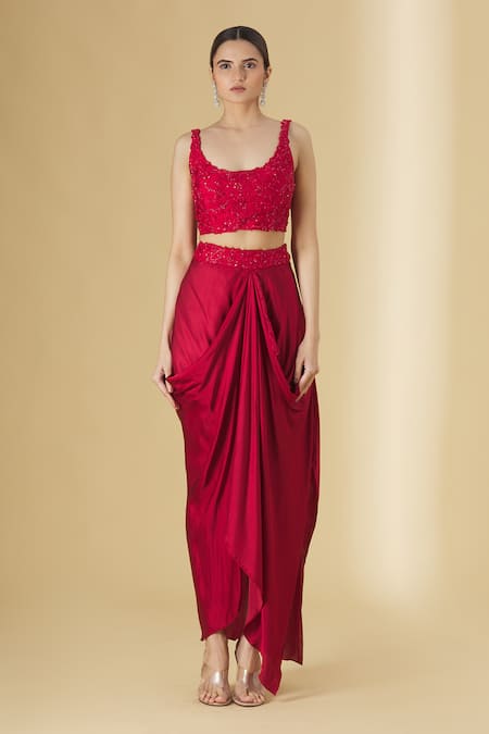 Buy_Aariyana Couture_Red Silk Satin, Organza, Modal, Viscose Beads V-neck, Jacket And Draped Skirt Set _Online_at_Aza_Fashions