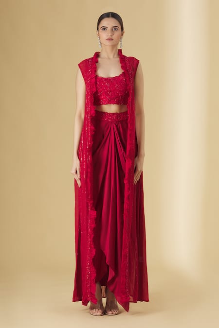 Shop_Aariyana Couture_Red Silk Satin, Organza, Modal, Viscose Beads V-neck, Jacket And Draped Skirt Set _Online_at_Aza_Fashions