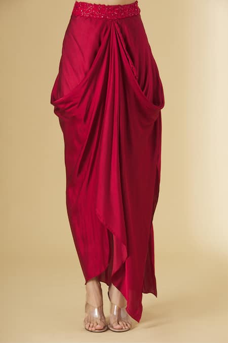 Aariyana Couture_Red Silk Satin, Organza, Modal, Viscose Beads V-neck, Jacket And Draped Skirt Set _at_Aza_Fashions