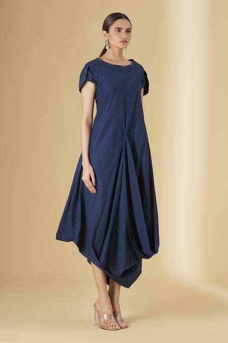 Aariyana Couture_Blue Linen, Cotton Beads, Sequins Round Neck Draped Dress_Online_at_Aza_Fashions