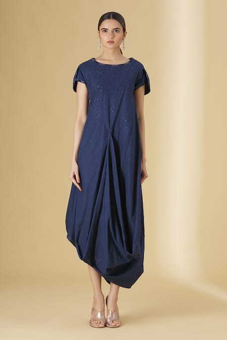 Buy_Aariyana Couture_Blue Linen, Cotton Beads, Sequins Round Neck Draped Dress_Online_at_Aza_Fashions