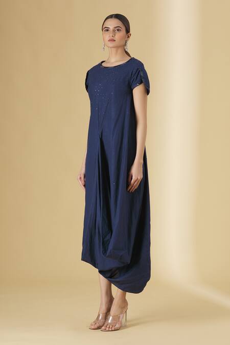 Shop_Aariyana Couture_Blue Linen, Cotton Beads, Sequins Round Neck Draped Dress_Online_at_Aza_Fashions