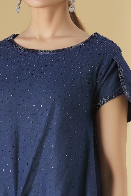 Aariyana Couture_Blue Linen, Cotton Beads, Sequins Round Neck Draped Dress_at_Aza_Fashions