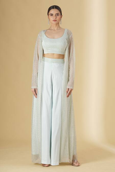 Buy_Aariyana Couture_Blue Taffeta Beads Round Neck Embroidered Jacket And Pant Set_Online_at_Aza_Fashions