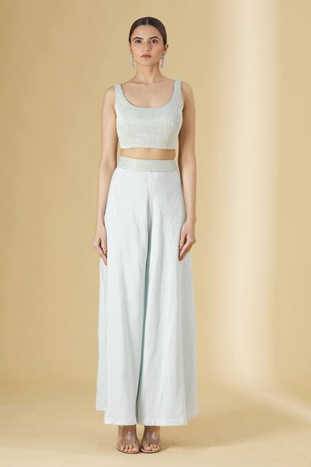 Aariyana Couture_Blue Taffeta Beads Round Neck Embroidered Jacket And Pant Set_Online_at_Aza_Fashions