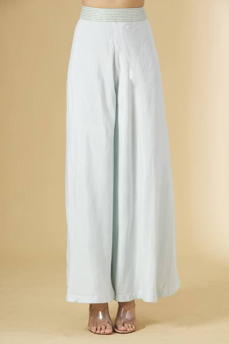 Shop_Aariyana Couture_Blue Taffeta Beads Round Neck Embroidered Jacket And Pant Set_Online_at_Aza_Fashions