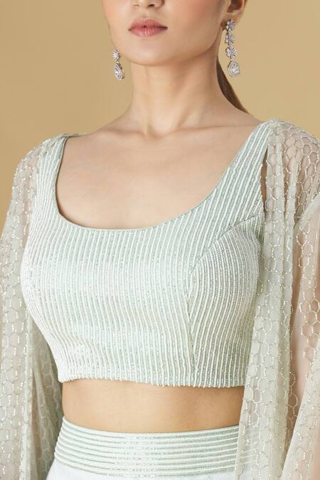 Aariyana Couture_Blue Taffeta Beads Round Neck Embroidered Jacket And Pant Set_at_Aza_Fashions