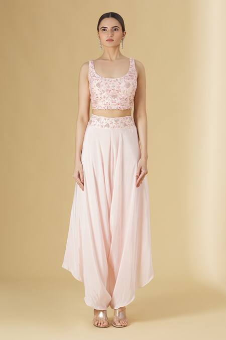 Buy_Aariyana Couture_Pink Silk Satin, Modal, Satin, Taffeta Embroidery Organza Cape And Draped Pant Set_Online_at_Aza_Fashions