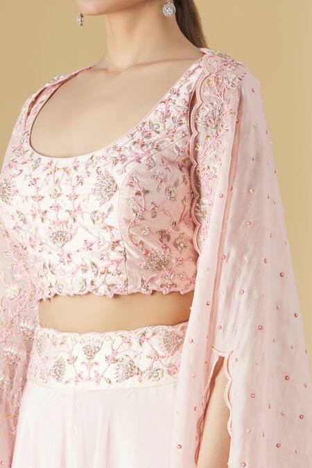 Aariyana Couture_Pink Silk Satin, Modal, Satin, Taffeta Embroidery Organza Cape And Draped Pant Set_at_Aza_Fashions