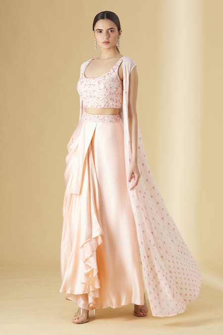 Aariyana Couture Peach Viscose Georgette U Neck Embroidered Jacket And Draped Skirt Set 