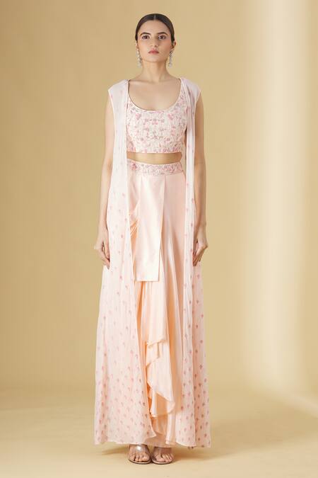 Buy_Aariyana Couture_Peach Viscose, Modal, Georgette Beads Open Embroidered Jacket And Draped Skirt Set_Online_at_Aza_Fashions