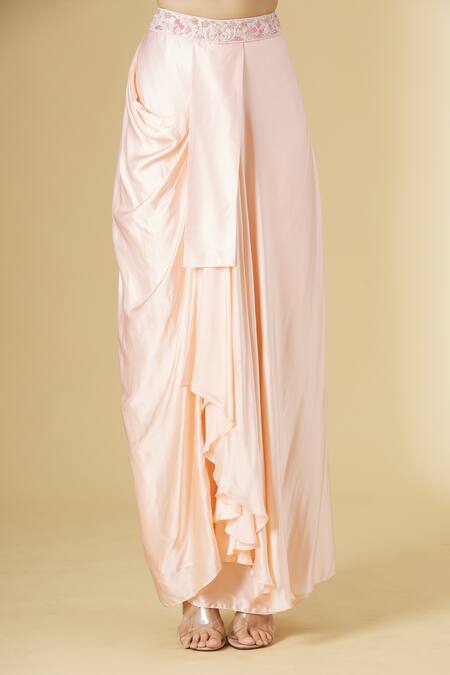 Shop_Aariyana Couture_Peach Viscose, Modal, Georgette Beads Open Embroidered Jacket And Draped Skirt Set_Online_at_Aza_Fashions