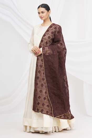 Shop_Samyukta Singhania_Brown Phulkari Embroidered Dupatta_Online_at_Aza_Fashions
