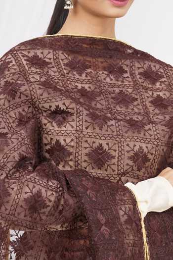 Samyukta Singhania_Brown Phulkari Embroidered Dupatta_at_Aza_Fashions