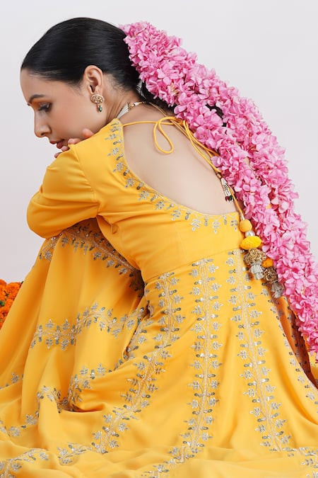 Shop_Rashi Jain_Yellow Viscose Georgette Embroidered Sequin And Zari Work Deep Suraj Anarkali Set _Online_at_Aza_Fashions
