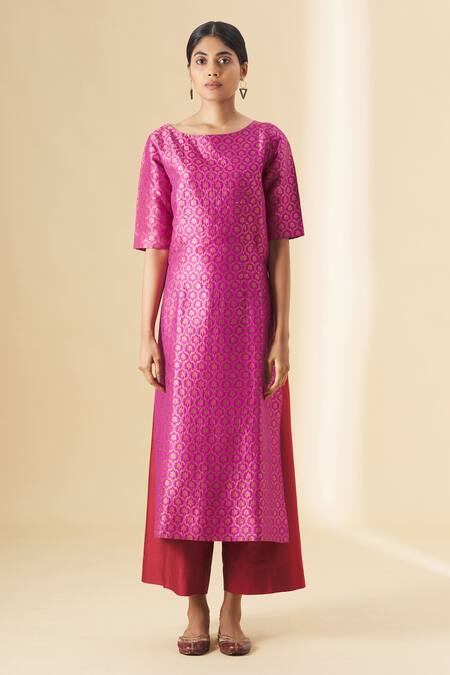 Buy_Payal Khandwala_Pink Round Woven Long Kurta_Online_at_Aza_Fashions