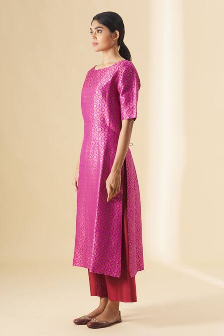 Shop_Payal Khandwala_Pink Round Woven Long Kurta_Online_at_Aza_Fashions
