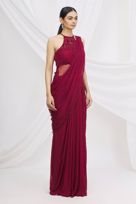 Arpan Vohra_Maroon Georgette Embellished Saree Gown _Online_at_Aza_Fashions