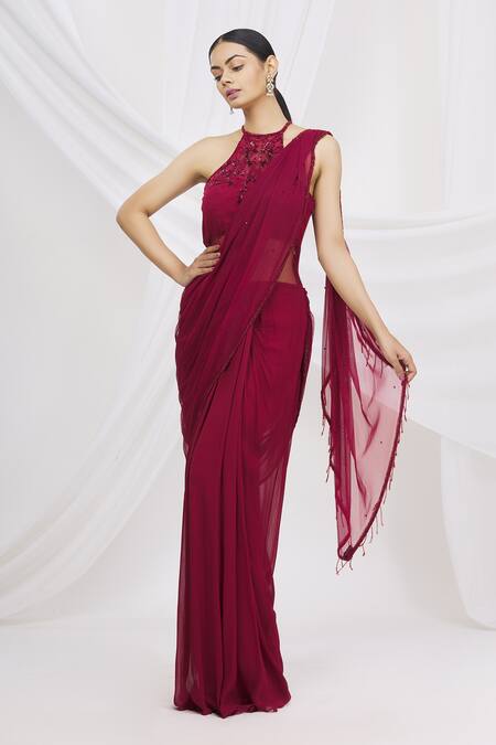 Buy_Arpan Vohra_Maroon Georgette Embellished Saree Gown _Online_at_Aza_Fashions
