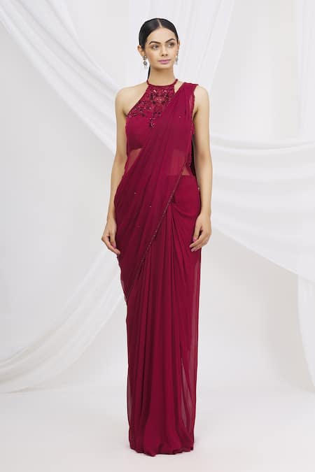 Maroon Crepe Georgette Printed Saree Dress With Printed Pallu
