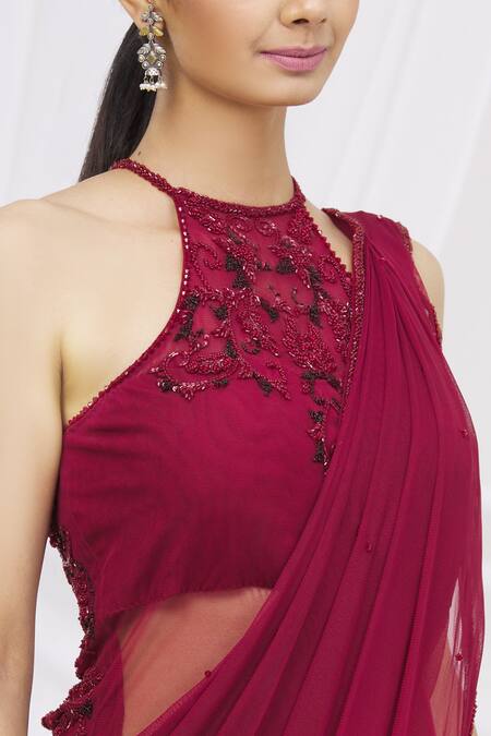 Arpan Vohra_Maroon Georgette Embellished Saree Gown _at_Aza_Fashions