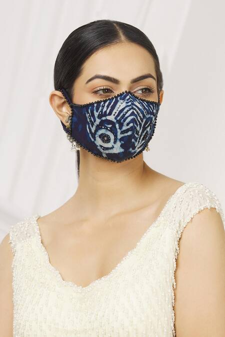 Arpan Vohra_Blue Kalamkari Silk Chanderi Face Mask Single Pc_Online_at_Aza_Fashions