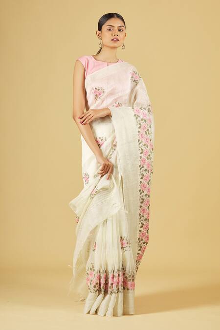 Pinki Sinha White Linen Floral Embroidered Saree