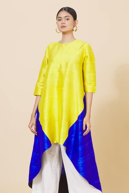 Buy_Payal Khandwala_Blue Dupion Silk High-low Kurta _Online_at_Aza_Fashions