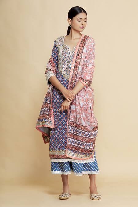 Sangeeta Kilachand Blue Cotton Printed Kurta Set Online at Aza Fashions Sangeeta Kilachand_Blue Cotton Printed Kurta Set_Online_at_Aza_Fashions