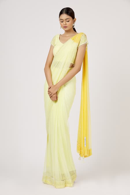 ARPAN VOHRA Yellow Tulle Sequin Pre-draped Saree With Blouse 