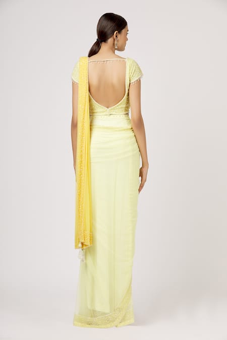 Shop Arpan Vohra Yellow Tulle Sequin Pre-draped Saree With Blouse at Aza Fashions Shop_Arpan Vohra_Yellow Tulle Sequin Pre-draped Saree With Blouse _at_Aza_Fashions