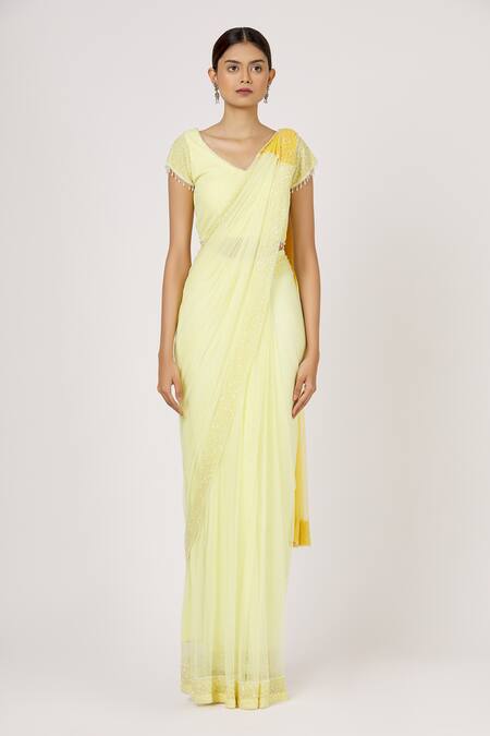 Arpan Vohra Yellow Tulle Sequin Pre-draped Saree With Blouse Online at Aza Fashions Arpan Vohra_Yellow Tulle Sequin Pre-draped Saree With Blouse _Online_at_Aza_Fashions